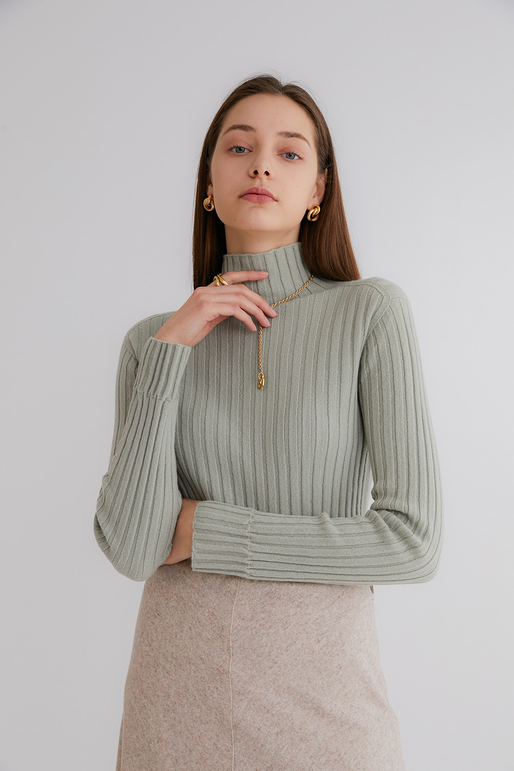 프리미엄 캐시미어 100 골지 스웨터 [Pure cashmere100 ribbed soft-touch sweater by whole-garment knitting - SAGE MINT]