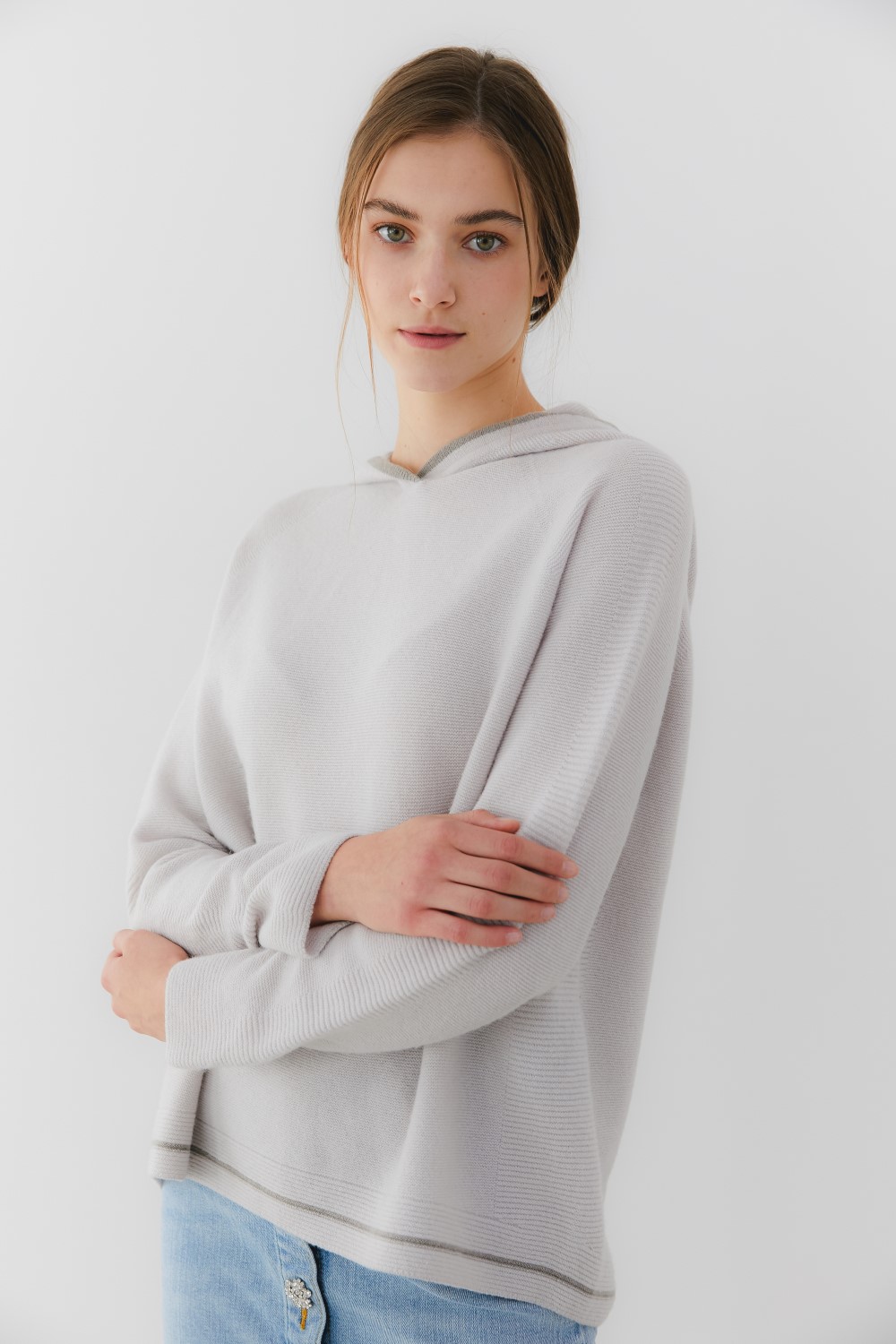 프리미엄 캐시미어 100 홀가먼트 후디 [Premium pure cashmere100 whole-garment knitting hoodie - Dove gray]