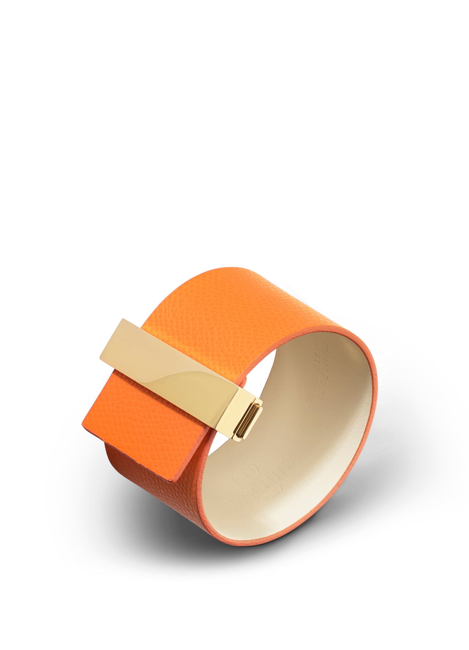 Wide leather bracelet with lock - Orange with gold plated