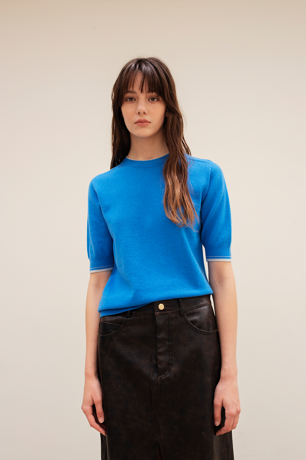 [Black label: Cariaggi] 프리미엄 퓨어 캐시미어100 반팔 라운드넥 Premium pure cashmere100 pullover - Fine blue