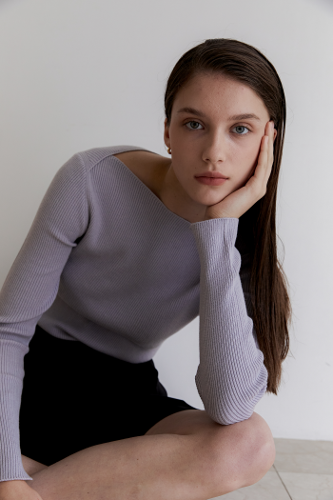 [Sustainability] 캐시미어 블렌드 슬림핏 보트넥 cashmere blend slim fit pullover - Dove lilac