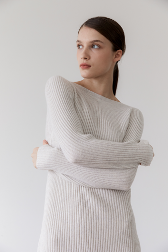 프리미엄 퓨어 캐시미어100 골지 원피스 Premium pure cashmere100 ribbed knit dress - White gris melange