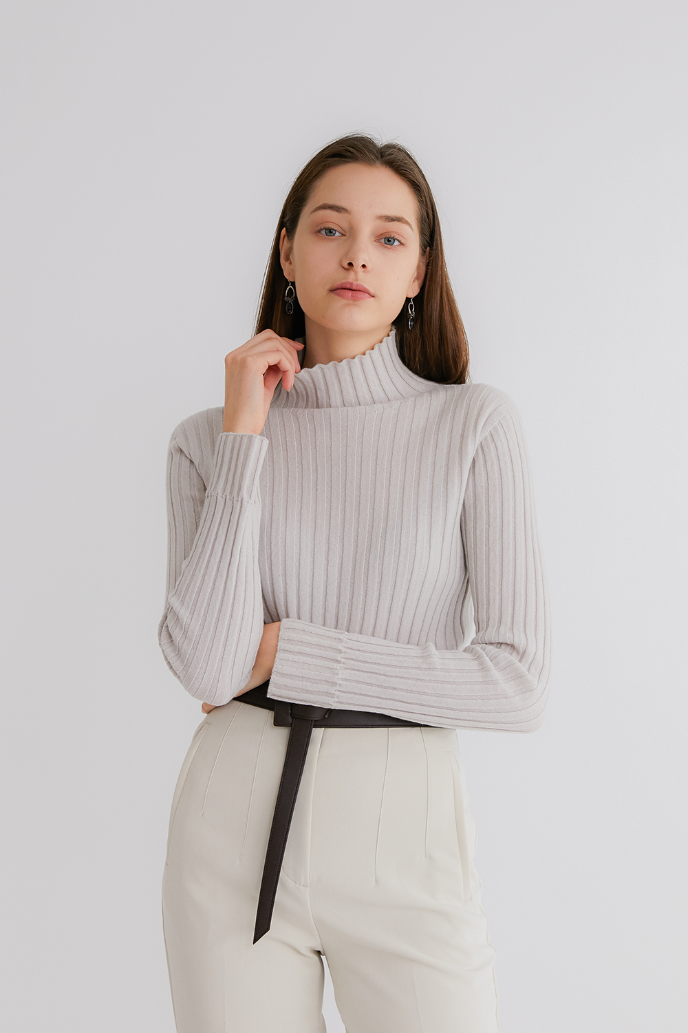 프리미엄 캐시미어 100 골지 스웨터 [Pure cashmere100 ribbed soft-touch sweater by whole-garment knitting - Dove gray]