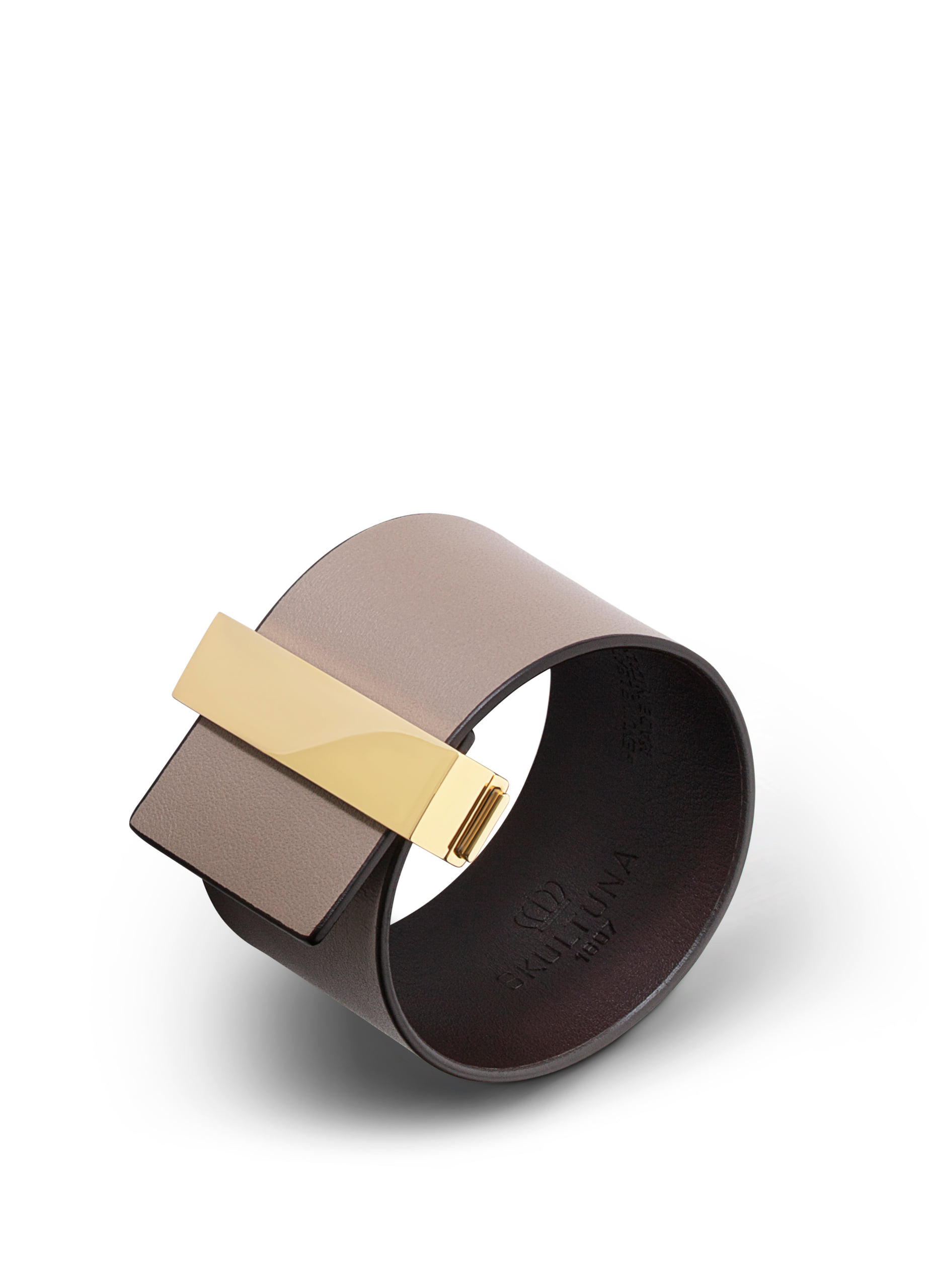 Wide leather bracelet with lock - Grey brown with gold plated
