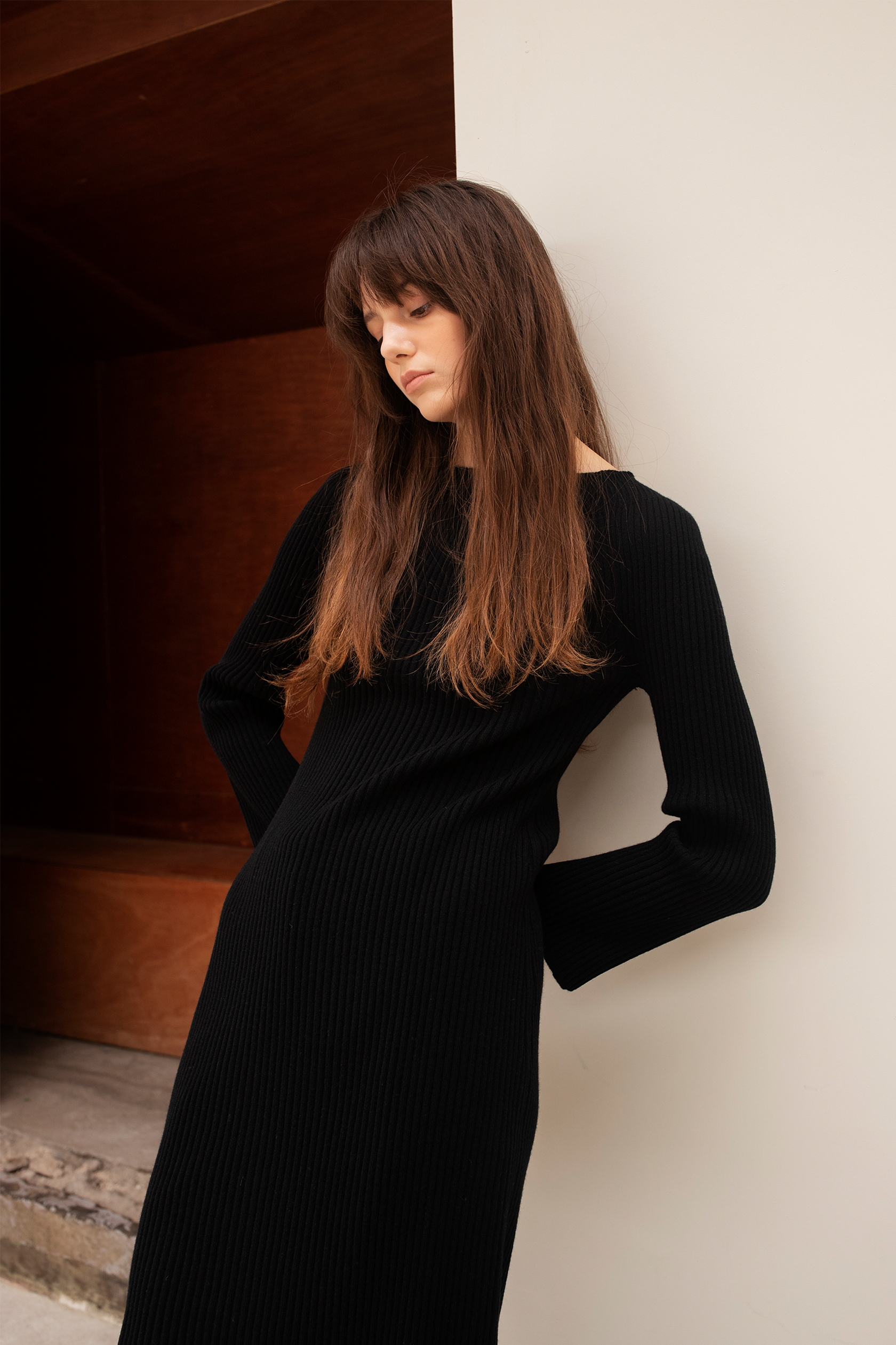 프리미엄 퓨어 캐시미어100 골지 원피스 Premium pure cashmere100 ribbed knit dress - Black