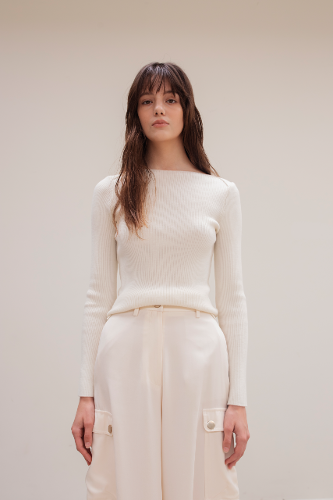 [Sustainability] 캐시미어 블렌드 슬림핏 보트넥 cashmere blend slim fit pullover - Cream Ivory